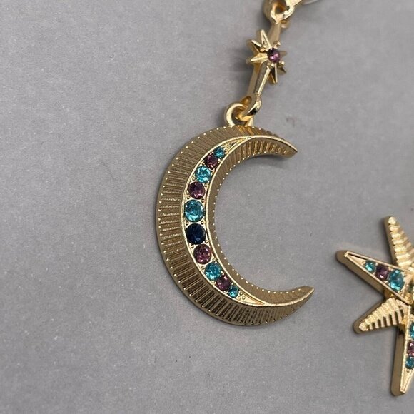 Moon & Star Multicolor Rhinestone Long Dangle Drop Earrings Gold Tone - Picture 5 of 7